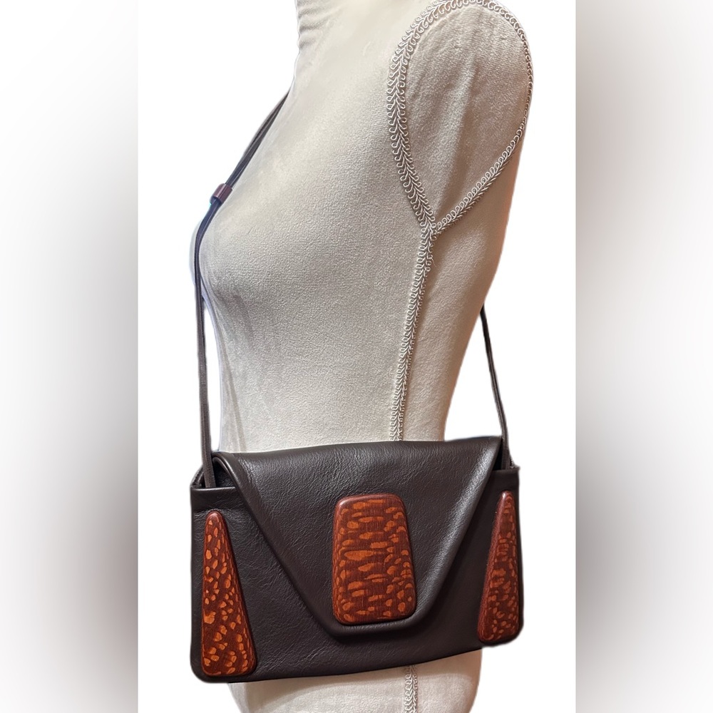 Kimberly Chalos Hand Carved Wooden & Leather Crossbody Bag
